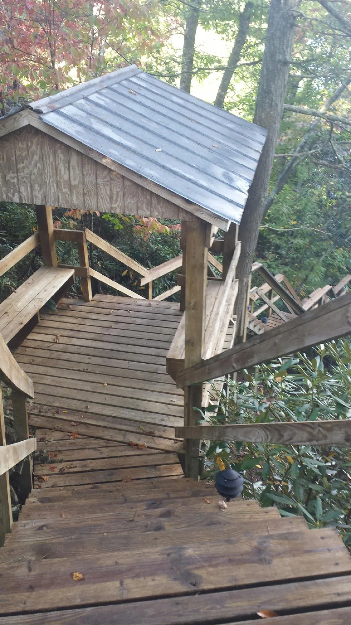 Metal roofed shelter over wooden steps on a wooded walkway — Skylight Repair & Installation work by our crew in Marengo